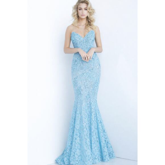 Jovani Dresses & Skirts - Jovani Lace Mermaid Evening Gown Dress Womens Sz 10 Light Blue Beaded 37334A NWT
